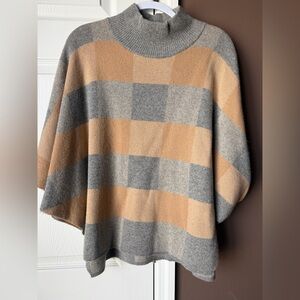 Striped Mock Neck Poncho Sweater - Gray & Camel